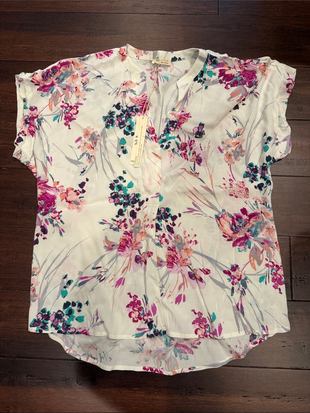 LoveStitch Women's Floral Split-Neck Blouse in White and Pink